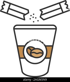 Zugabe von Zucker zum Kaffee Farbe Symbol. Verfügbare Tasse Kaffee und Zucker-Beutel. Isolierte Vector Illustration Stock Vektor