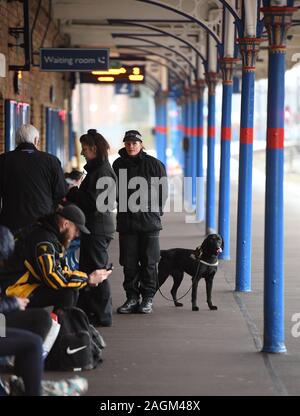 Die Polizei suche Team von King's Lynn Bahnhof in Norfolk, vor Königin Elizabeth II Anreise nach Reisen von London zu Beginn ihrer traditionellen Christmas Break, die auf das Royal Estate in Sandringham ausgegeben werden. Stockfoto