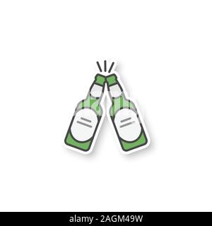 Toasten Bierflaschen Patch. Cheers. Zwei Bierflaschen. Farbe Aufkleber. Vektor isoliert Abbildung Stock Vektor