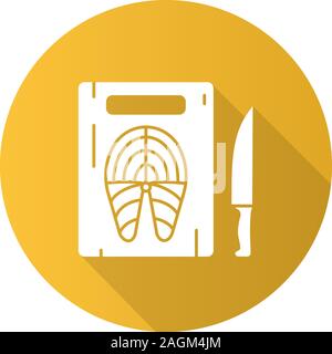 Schneidbrett mit Fisch und Messer flache Bauweise lange Schatten glyph Icon. Vektor silhouette Abbildung Stock Vektor