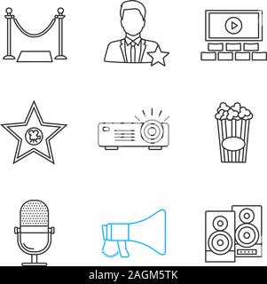 Kino lineare Symbole gesetzt. Roter Teppich, Schauspieler, Bildschirm, Filmstar, Projektor, Popcorn, Mic, Megaphon, Stereo System. Thin Line Kontur Symbole. Isoliert Stock Vektor