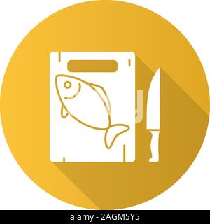 Schneidbrett mit Fisch und Messer flache Bauweise lange Schatten glyph Icon. Vektor silhouette Abbildung Stock Vektor