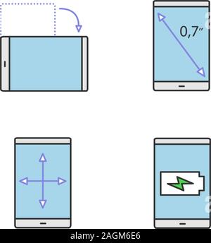 Smartphone color Symbole gesetzt. Anzeige Zoll Größe, drehbarer Bildschirm und Größe, Batterie aufladen. Isolierte Vektorgrafiken Stock Vektor