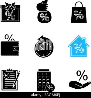 Prozente Glyphe Symbole gesetzt. Rabatt Angebot, Verkauf, Geld sparen, Zahlungsbedingungen, Hypothek, Finanzunterlagen, Zinssatz. Silhouette Symbole. Vektor ist Stock Vektor