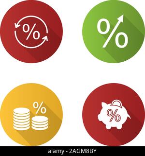 Prozent flache Bauweise lange Schatten Glyphe Symbole gesetzt. Prozentsatz steigen, Sparschwein, coin stack, Geld sparen, Prozent Umwandlung. Vektor silhouette illustr Stock Vektor
