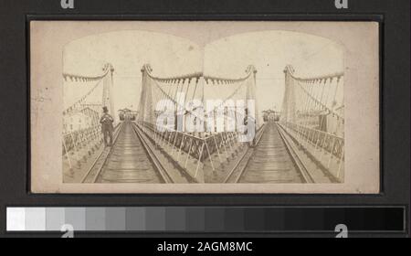 Niagara Suspension Bridge (Mann in einem Hut stehend auf Gleisen) enthält sechs handkolorierte Ansichten. Robert Dennis Sammlung von stereoskopische Ansichten. Einige Ansichten haben steuerstempel angebracht. Titel von Cataloger'. Blick auf die Niagara Fälle ohne Namensnennung oder Titel der Serie. Blick auf die Niagara Fälle: Wasserfälle, Stromschnellen, Table Rock, Winter Blick, Brücken, Terrepin Turm, Hotels, Touristen durch die Wasserfälle, ein Blick auf die Prospect Point mit zwei leere Stühle posiert; Seiltänzer einschließlich Blondin auf seinen Rücken, seinen Kopf auf den Kopf hängen, und ein Blick auf die Schiffe am Ufer festgemacht, Stadt darüber hinaus.; Niagara S Stockfoto