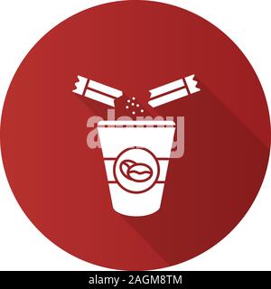 Zugabe von Zucker zum Kaffee flat Design lange Schatten glyph Icon. Verfügbare Tasse Kaffee und Zucker-Beutel. Vektor silhouette Abbildung Stock Vektor