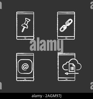 Smartphone chalk Symbole gesetzt. Datei anhängen, link, e-mail, Cloud Storage. Isolierte vektor Tafel Abbildungen Stock Vektor