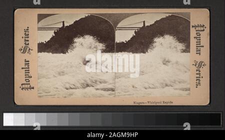 Niagara, Whirlpool Rapids umfasst drei handkolorierte Ansichten. Robert Dennis Sammlung von stereoskopische Ansichten. Titel von Cataloger'. Blick auf die Niagara Fälle, einschließlich der Fälle, Hängebrücke, Inseln, Stromschnellen, Touristen, winter Szenen, Seiltänzer, Terrepin Turm und einem Tuscarora squaw und pappose, Ansichten in verschiedenen Serien veröffentlicht, ohne Namensnennung, Fotograf oder Publisher.; Niagara, Whirlpool Rapids. Stockfoto