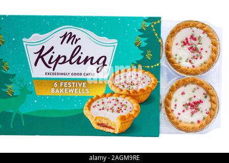 Box von Herr Kipling 6 Festliche Bakewells überaus guten Kuchen geöffnet Inhalt auf weißem Hintergrund zu zeigen Stockfoto