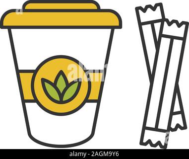 Tee mit Zucker sachets Farbe Symbol gehen. Verfügbare Tee Tasse mit Deckel. Isolierte Vector Illustration Stock Vektor