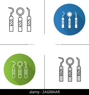 Zahnmedizinische Instrumente Symbol. Mund Spiegel, zahnärztlichen Sonde und der Zahnarzt Bagger. Flache Bauweise, lineare und Farbe Stile. Isolierte Vektorgrafiken Stock Vektor