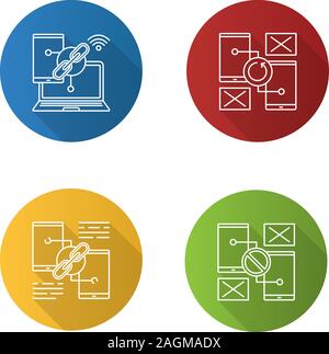 Smartphone zeigt Flachbild lineare lange Schatten Symbole gesetzt. Link teilen, Verbindung und Synchronisation Fehler. Vektor Kontur Abbildung Stock Vektor