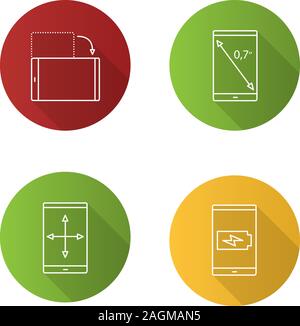 Smartphone Flachbild lineare lange Schatten Symbole gesetzt. Anzeige Zoll Größe, drehbarer Bildschirm und Größe, Batterie aufladen. Vektor Kontur Abbildung Stock Vektor