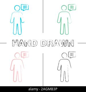 Mann mit Sprechblase Hand gezeichneten Symbole gesetzt. Sprechen Person. Ankündigung. Sprechenden Menschen. Farbe pinselstrich. Isolierte Vektor sketchy Abbildungen Stock Vektor