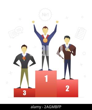 Schüler Wettbewerb flat Character Design. Wettbewerb für Programmierer. Sieger, Meister. Erste, zweite und dritte Plätze. Vektor isoliert Abbildung Stock Vektor