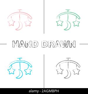 Baby Bett Karussell Hand gezeichneten Symbole gesetzt. Farbe pinselstrich. Hängende Rassel. Isolierte Vektor sketchy Abbildungen Stock Vektor