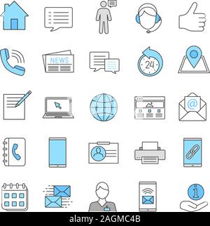 Information Center Color Symbole gesetzt. Büroartikel, Kommunikationsgeräte, support service. Isolierte Vektorgrafiken Stock Vektor