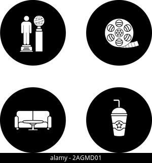 Kino Glyphe Symbole gesetzt. Movie Awards, Filmstreifen roll, Wartesaal, kalt trinken. Vektor weisse Silhouetten Abbildungen in schwarzen Kreisen Stock Vektor