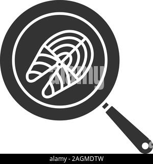Fisch steak braten auf Küche pan Glyph icon. Silhouette Symbol. Negativer Platz. Vektor isoliert Abbildung Stock Vektor