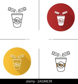 Zugabe von Zucker zum Kaffee Symbol. Verfügbare Tasse Kaffee und Zucker-Beutel. Flache Bauweise, lineare und Farbe Stile. Isolierte Vektorgrafiken Stock Vektor