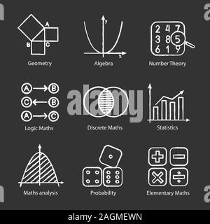 Mathematik chalk Symbole gesetzt. Algebra und Geometrie. Logik, diskrete, elementare Mathematik, Statistik, Anzahl und Wahrscheinlichkeit Theorien. Isolierte vektor Cha Stock Vektor