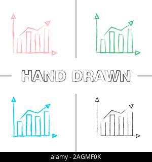 Statistiken Hand gezeichneten Symbole gesetzt. Marktwachstum Chart. Gewinn steigt. Statistiken Diagramm. Farbe pinselstrich. Isolierte Vektor sketchy Abbildungen Stock Vektor