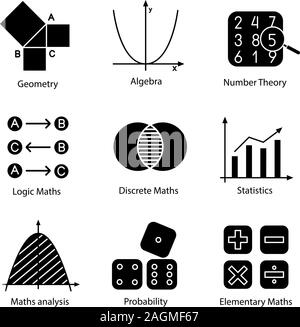 Mathematik Glyphe Symbole gesetzt. Algebra und Geometrie. Logik, diskrete, elementare Mathematik, Statistik, Anzahl und Wahrscheinlichkeit Theorien. Silhouette Symbole. Stock Vektor