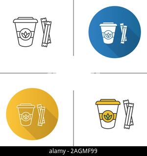 Tee mit Zucker sachets Symbol gehen. Verfügbare Tee Tasse mit Deckel. Flache Bauweise, lineare und Farbe Stile. Isolierte Vektorgrafiken Stock Vektor