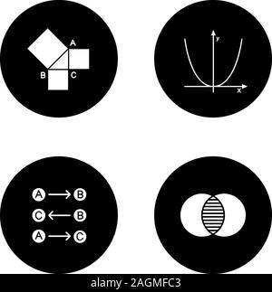 Mathematik Glyphe Symbole gesetzt. Geometrie, Algebra, Logik und diskrete Mathematik. Vektor weisse Silhouetten Abbildungen in schwarzen Kreisen Stock Vektor