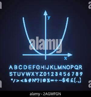 Koordinatensystem mit Parabel Neonlicht Symbol. Algebra. Achsensystem. Leuchtende Zeichen mit Alphabet, Zahlen und Symbolen. Vektor isoliert Abbildung Stock Vektor