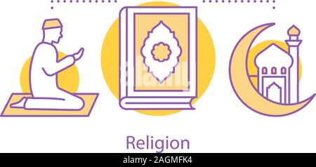 Die islamische Kultur Konzept Symbol. Religion Idee dünne Linie Abbildung. Moschee, Gebet und Koran Buch. Vektor isoliert Maßbild Stock Vektor