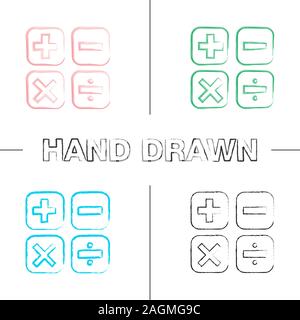 Mathematische Symbole Hand gezeichneten Symbole gesetzt. Die Berechnung. Elementare Mathematik. Plus, Minus, Multiplizieren, Dividieren. Farbe pinselstrich. Isolierte vektor Sketchy il Stock Vektor