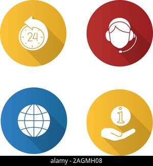 Information Center flache Bauweise lange Schatten Glyphe Symbole gesetzt. Neu terminieren, Globus, Helpdesk, Call Center Betreiber. Vektor silhouette Abbildung Stock Vektor