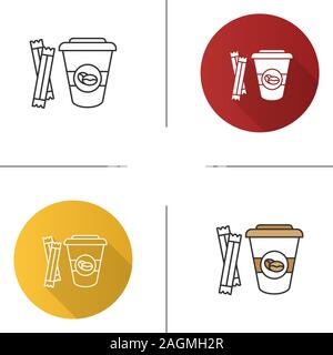 Kaffee mit Zucker sachetsicon. Einweg Kaffeebecher mit Deckel. Flache Bauweise, lineare und Farbe Stile. Isolierte Vektorgrafiken Stock Vektor