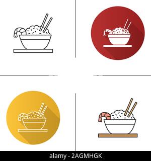 Reis mit Shrimps Symbol. Chinesisch gebratener Reis in der Schüssel und Essstäbchen. Flache Bauweise, lineare und Farbe Stile. Isolierte Vektorgrafiken Stock Vektor