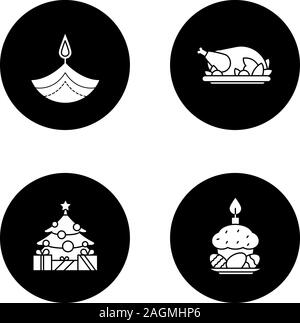 Urlaub Glyphe Symbole gesetzt. Diwali, Thanksgiving Tag, Neujahr, Ostern. Vektor weisse Silhouetten Abbildungen in schwarzen Kreisen Stock Vektor