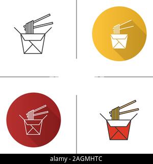 Chinesische Nudeln in Papier und Stäbchen Symbol. Wok Nudeln. Flache Bauweise, lineare und Farbe Stile. Isolierte Vektorgrafiken Stock Vektor