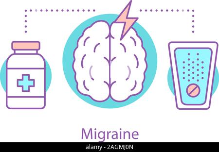 Migräne Konzept Symbol. Kopfschmerzen. Neurologie Probleme Idee dünne Linie Abbildung. Schmerzmittel. Vektor isoliert Maßbild Stock Vektor