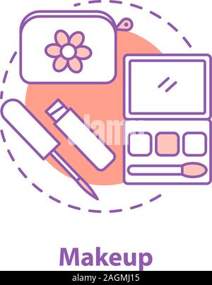 Make-up-Konzept. Kosmetik Idee dünne Linie Abbildung. Mascara, Lidschatten oder Gesicht Rouge und Kosmetiktasche. Vektor isoliert Maßbild Stock Vektor