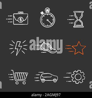 Motion chalk Symbole gesetzt. Flying Aktenkoffer, Stoppuhr, Sanduhr, Sneaker, Stern, Zahnrad, Auto, schnell einkaufen, Blitz. Isolierte Vektor chalkboar Stock Vektor