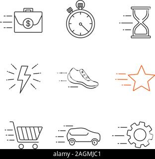 Linear Symbole gesetzt. Flying Aktenkoffer, Stoppuhr, Sanduhr, Sneaker, Stern, Zahnrad, Auto, schnell einkaufen, Blitz. Thin Line Kontur Symbo Stock Vektor