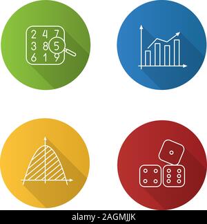 Mathematik Flachbild lineare lange Schatten Symbole gesetzt. Zahlentheorie, Statistiken, Koordinatensystem, würfelt. Vektor Kontur Abbildung Stock Vektor