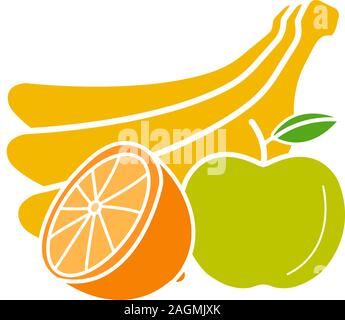 Früchte Glyphe Farbe Symbol. Banane, Orange und Apfel. Immer noch leben. Silhouette Symbol auf weißem Hintergrund ohne Grenzen. Negativer Platz. Vektor Lllustrat Stock Vektor