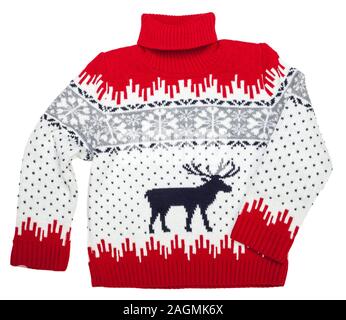 Kinder aus Gewirken Weihnachten Rollkragen-pullover aus traditionellem Design mit Elchen oder Elch Ornament auf weißem Hintergrund Stockfoto