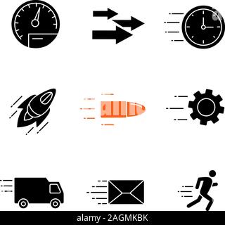 Motion Glyphe Symbole gesetzt. Geschwindigkeit. Fliegende Wecker, Startup, Kugel, Zahnrad, Van, Mailing, laufender Mann, Tachometer, Pfeile. Silhouette Symbole. Vektor iso Stock Vektor