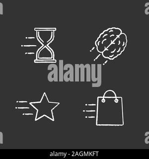 Motion chalk Symbole gesetzt. Geschwindigkeit. Flying Sanduhr, Shopping Bag, Stern, Gehirn. Isolierte vektor Tafel Abbildungen Stock Vektor
