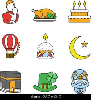 Urlaub color Symbole gesetzt. Mutter und St. Patrick's Days, Geburtstag, Festival der Ballone, Ostern, Ramadan, Hadsch, Dia de los Muertos, Thanksgiving Day Stock Vektor
