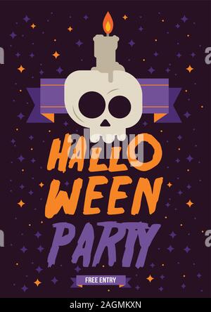 Modernes und flaches Abbildung Halloween kostenlose Party Poster. Das Layout ist eine Komposition von Kerze, Schädel, Kopf und ein lila und Party Titel. Stock Vektor