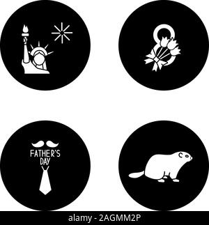 Urlaub Glyphe Symbole gesetzt. 4. Juli, Vaters und Groundhog Tagen, 8. März. Vektor weisse Silhouetten Abbildungen in schwarzen Kreisen Stock Vektor